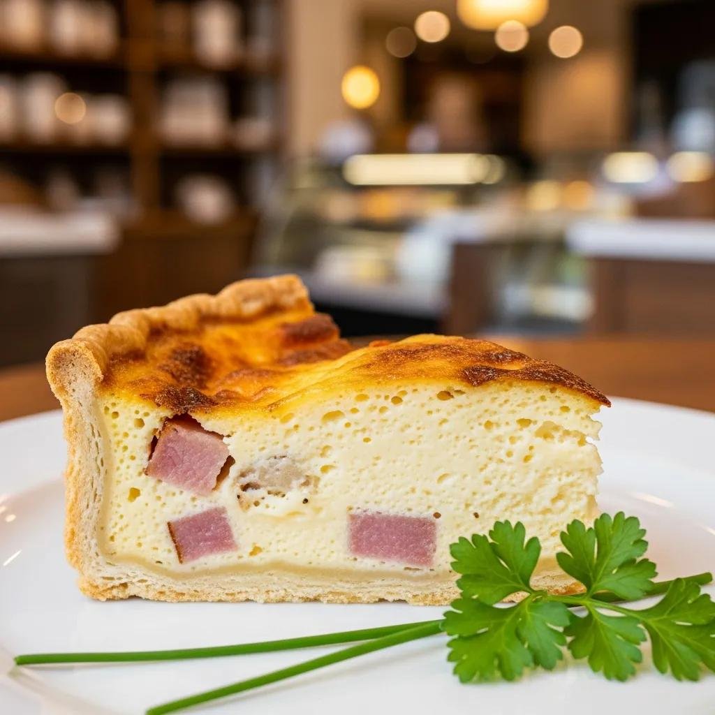 Close-up of a slice of Signature Quiche Lorraine showcasing its creamy filling and crispy crust