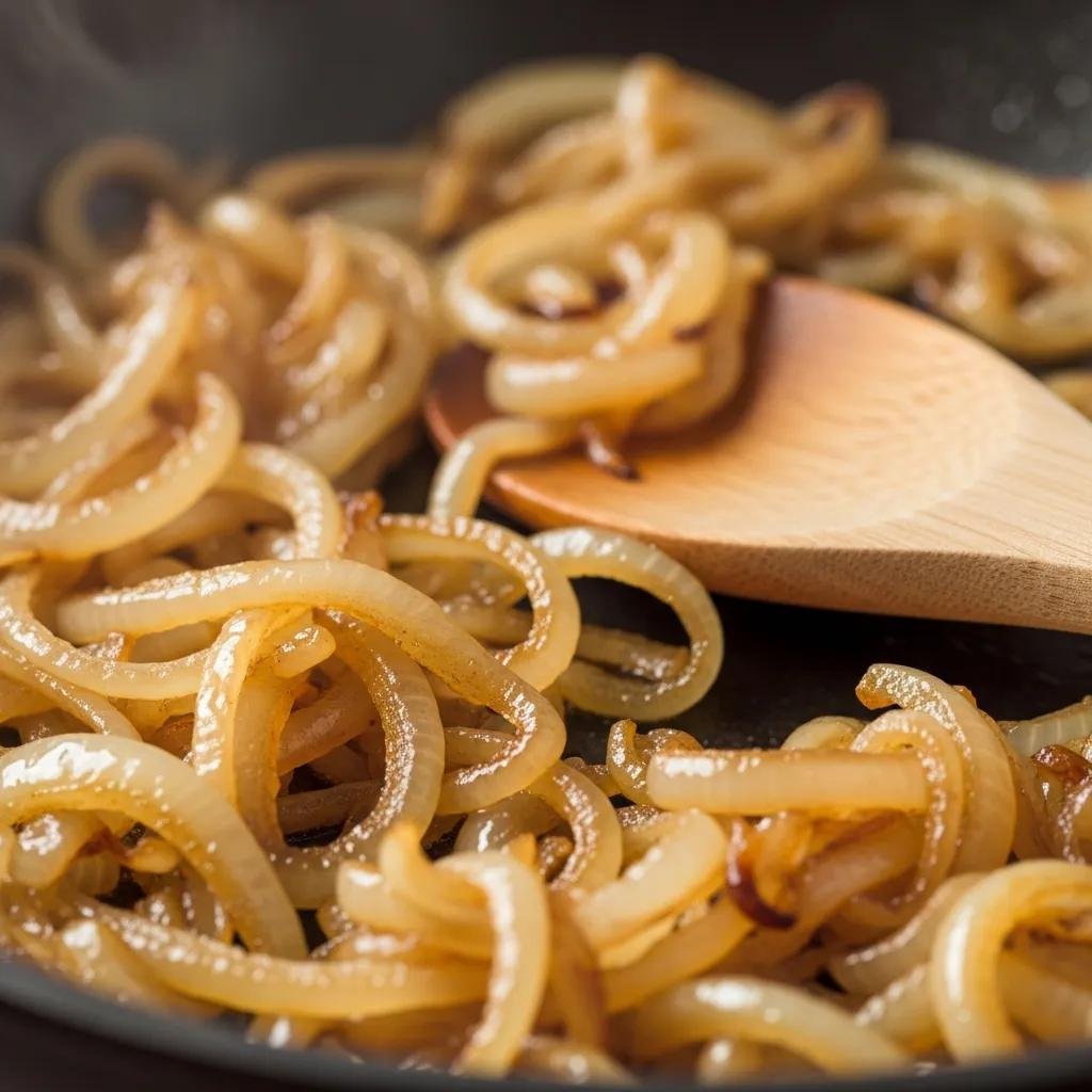 Close-up of caramelized onions in a skillet, highlighting their golden-brown color and glossy texture