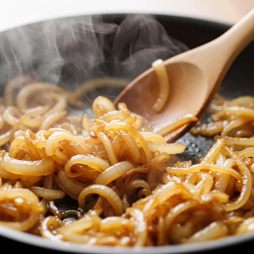 Close-up of caramelized onions in a skillet, showcasing their rich golden-brown color and texture