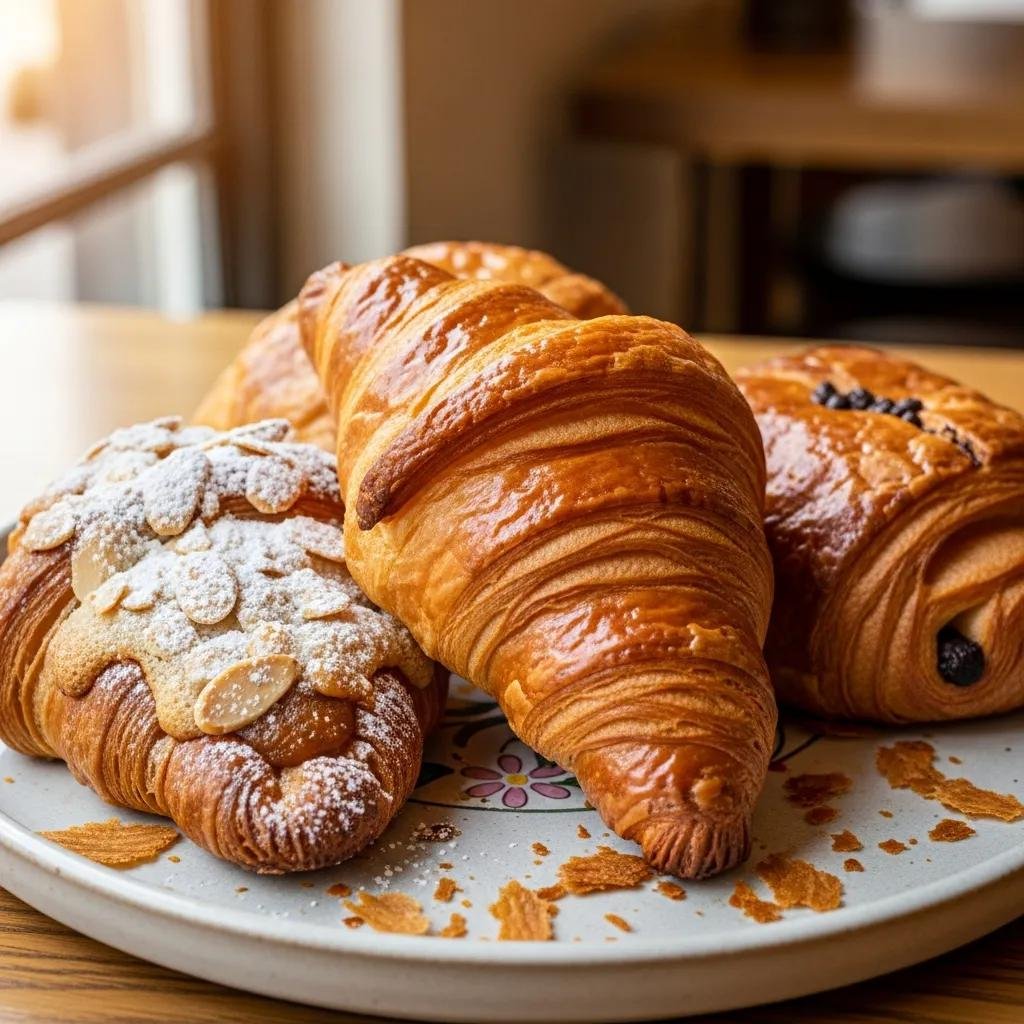 Close-up of signature French breakfast pastries including butter, almond, and chocolate croissants on a decorative plate