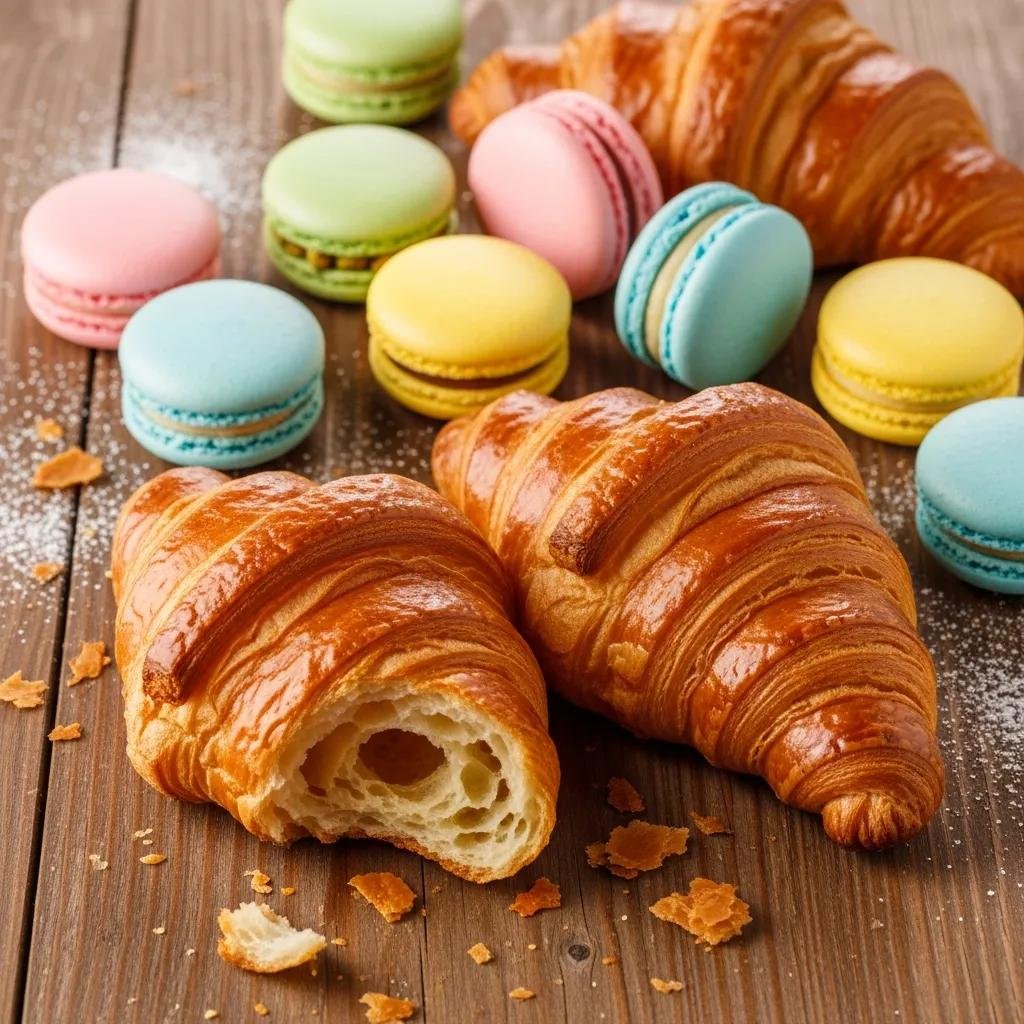 Close-up of signature French pastries including flaky croissants and colorful macarons