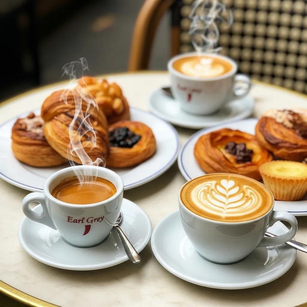 Coffee and tea options including espresso, cappuccino, and Earl Grey tea paired with French breakfast pastries