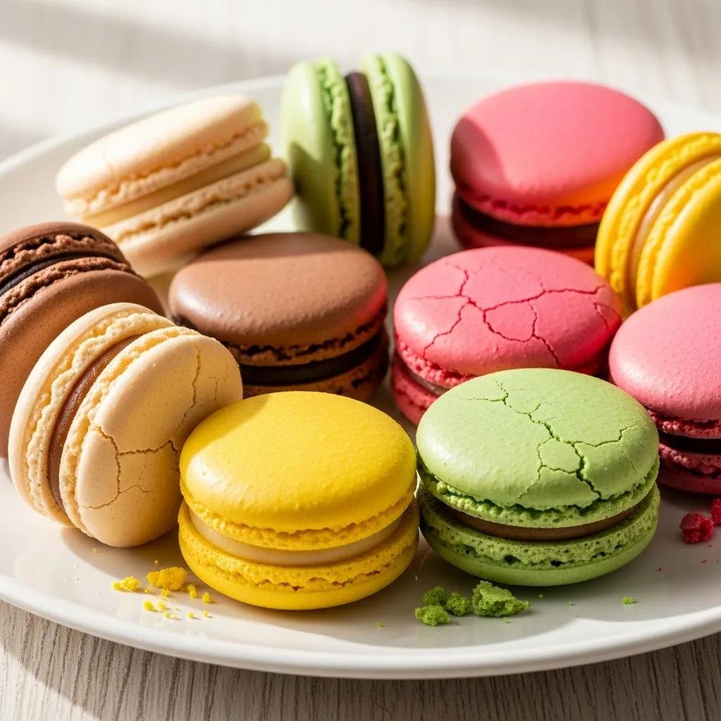 Colorful assortment of French macarons in various flavors