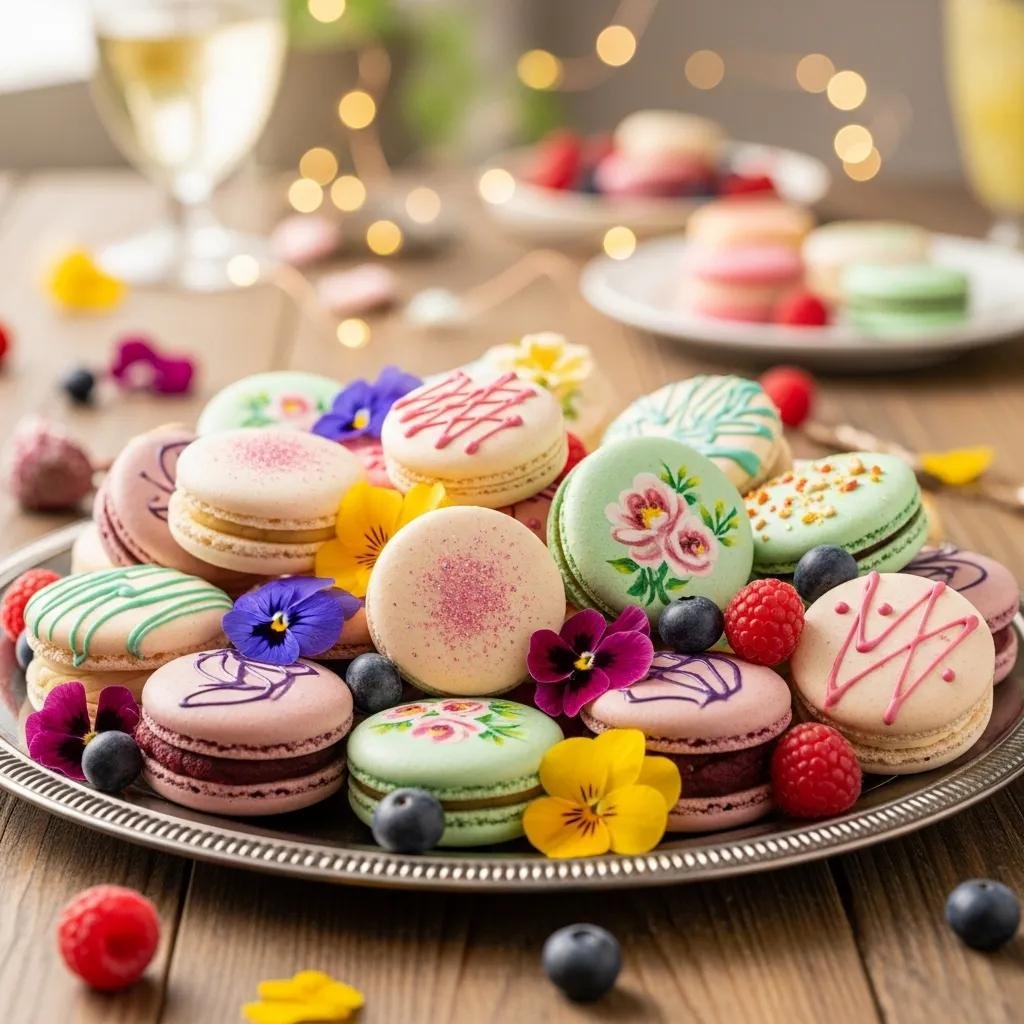 Colorful custom dessert tray with assorted macarons in various flavors and designs