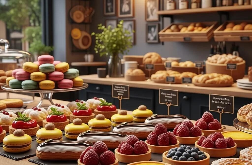 Colorful display of French pastries including macarons and éclairs in a charming bakery setting