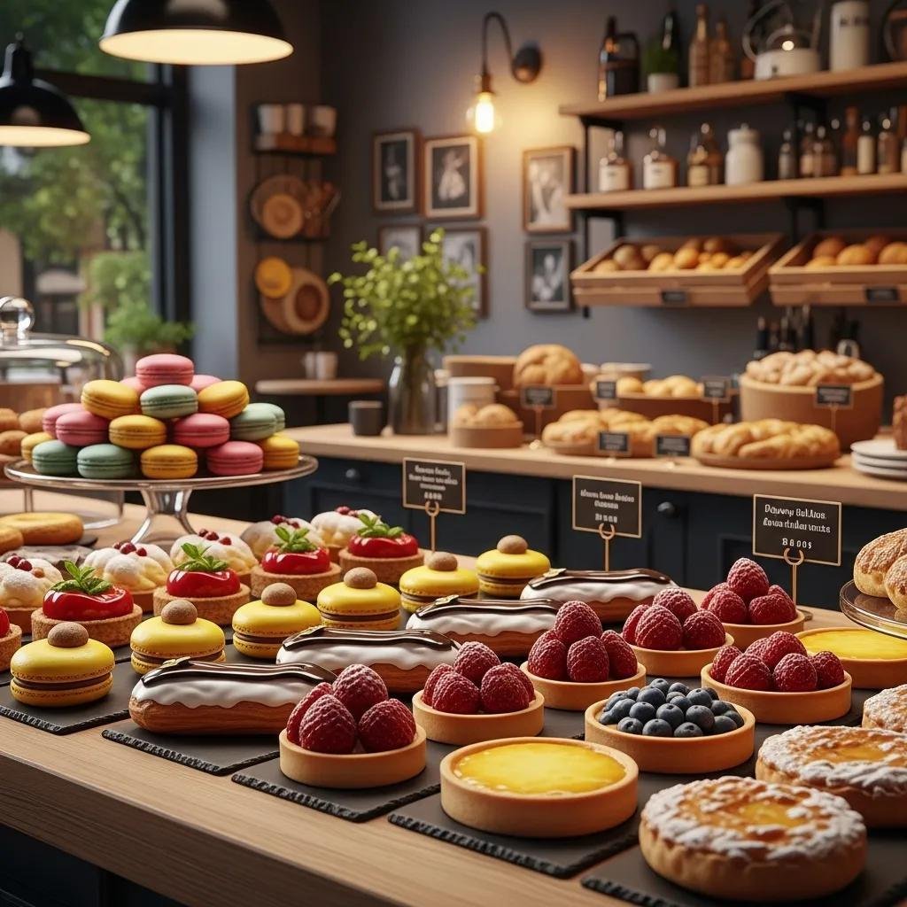 Colorful display of French pastries including macarons and éclairs in a charming bakery setting
