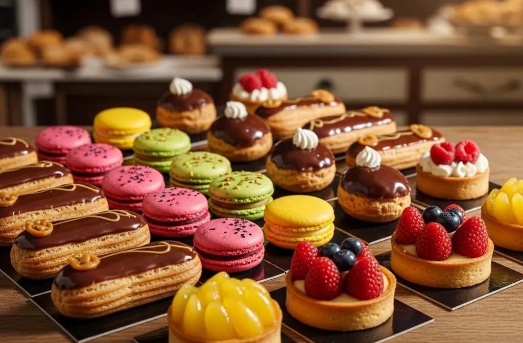 Colorful gluten-free French pastries including macarons and éclairs displayed on a rustic wooden table