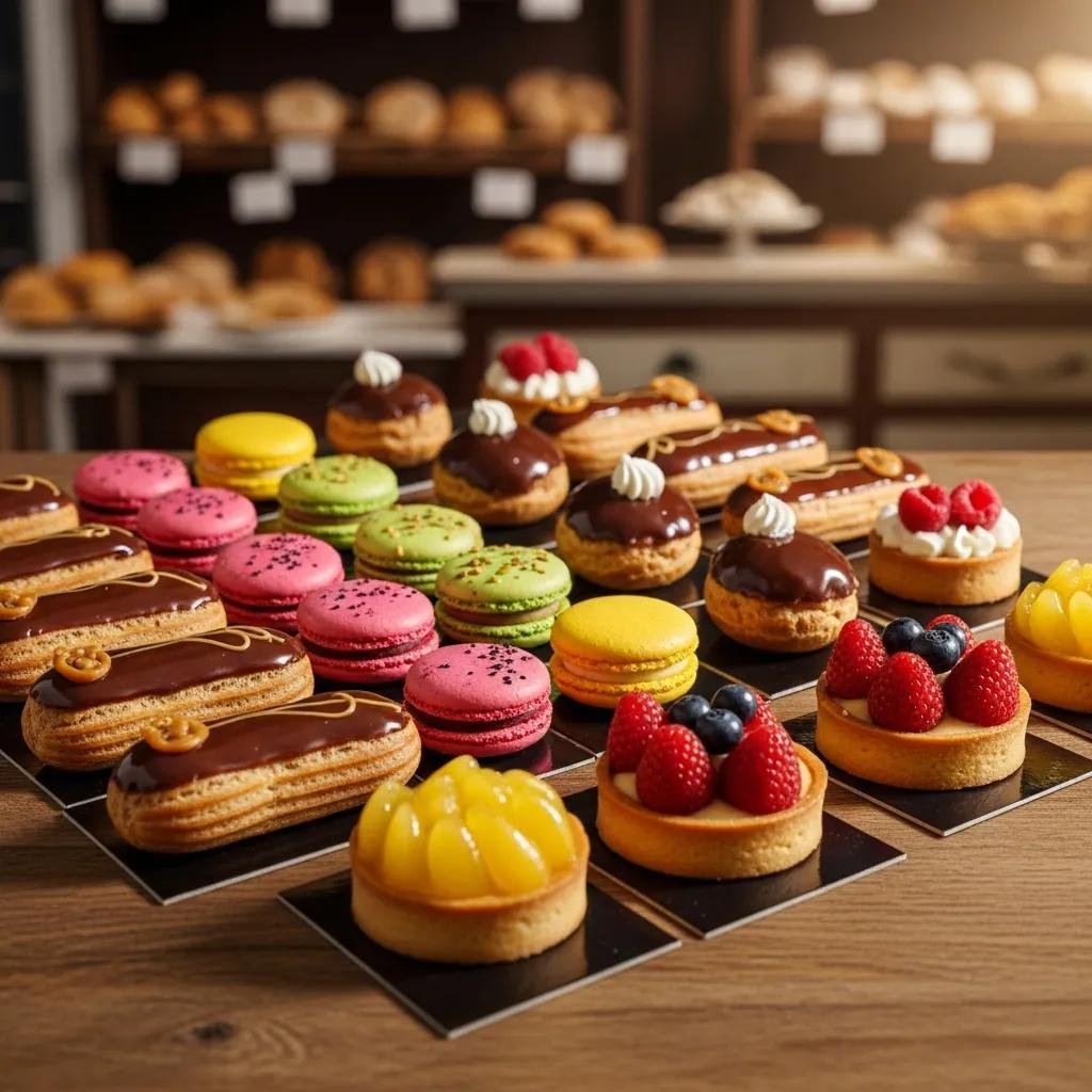 Colorful gluten-free French pastries including macarons and éclairs displayed on a rustic wooden table