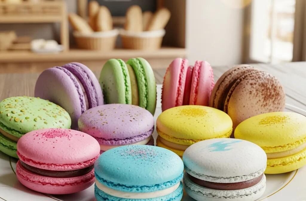 Colorful macarons displayed on a porcelain plate in a French bakery setting