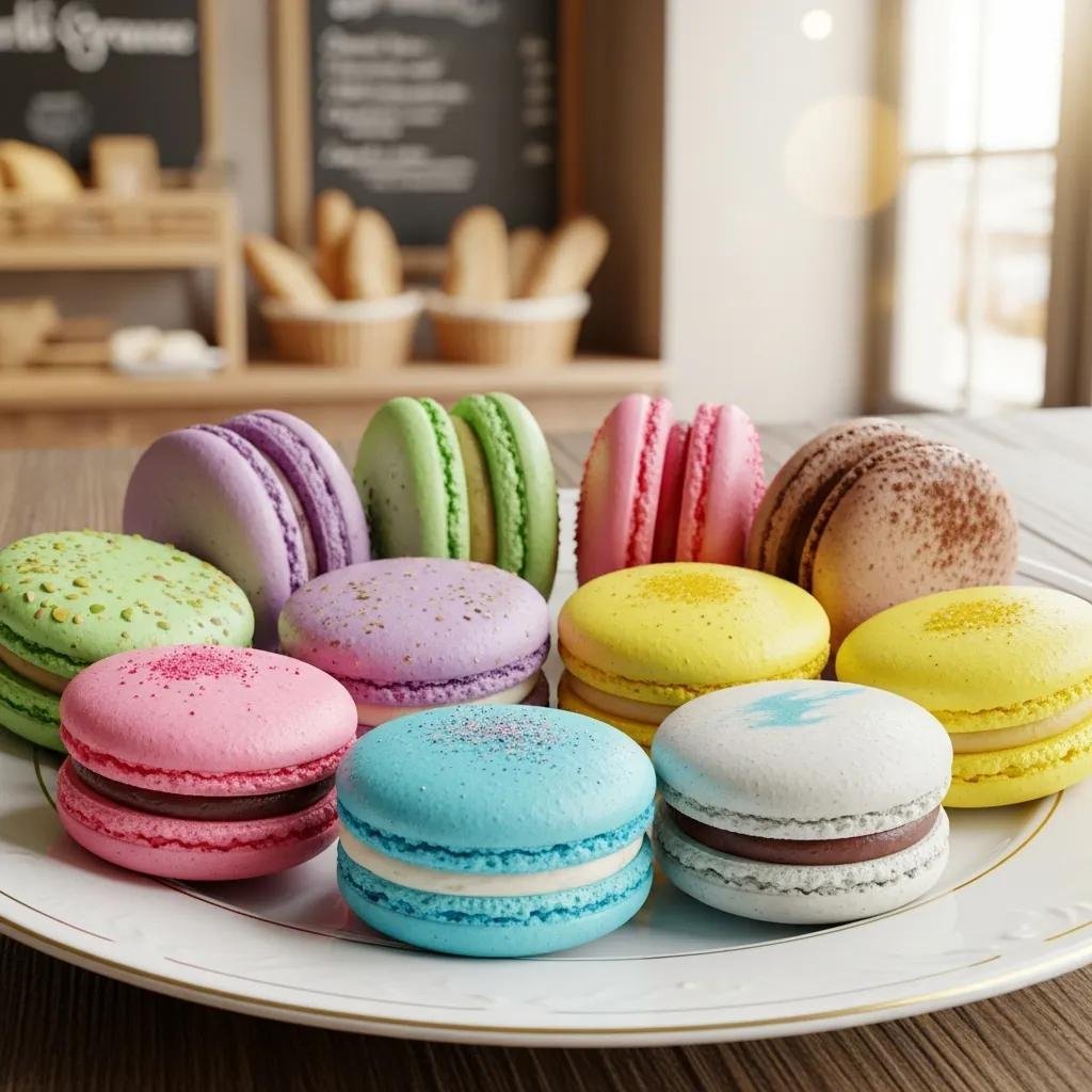 Colorful macarons displayed on a porcelain plate in a French bakery setting
