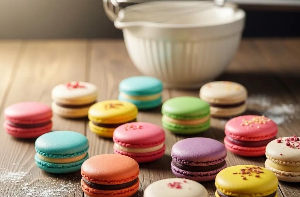 Colorful macarons on a wooden table, showcasing various flavors and textures