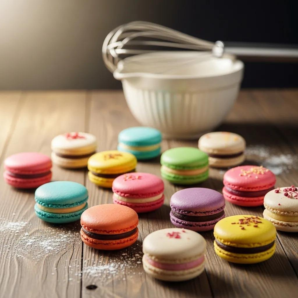 Colorful macarons on a wooden table, showcasing various flavors and textures