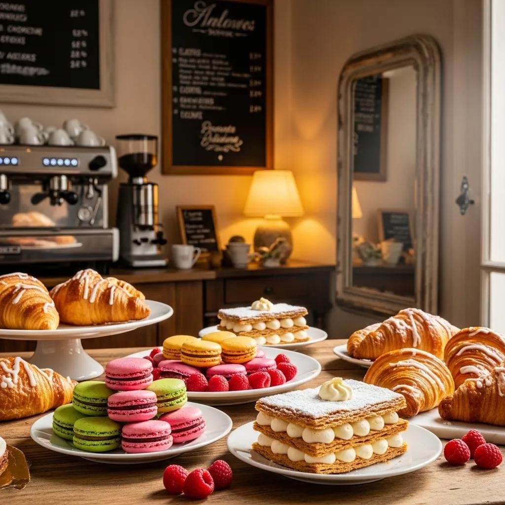 Colorful selection of authentic French pastries including macarons, croissants, and mille-feuille in a charming bakery setting