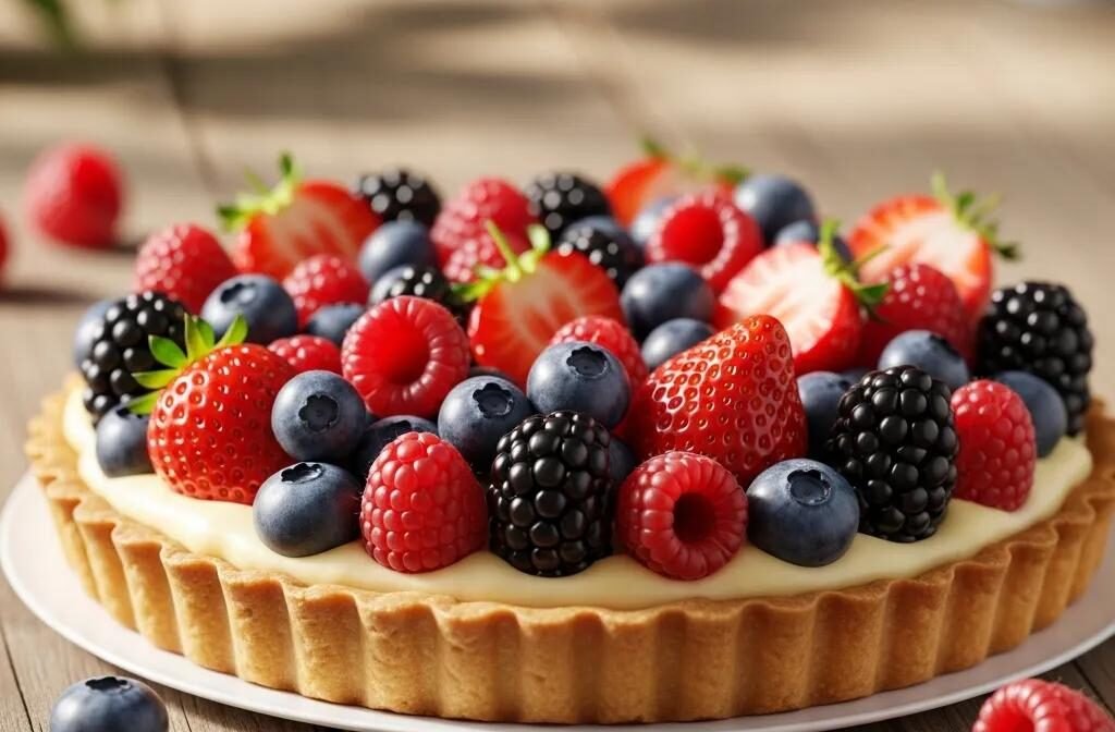 Colorful summer fruit tart with fresh berries and light pastry cream