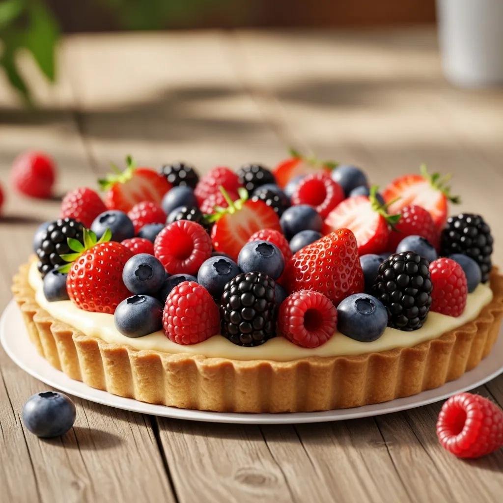 Colorful summer fruit tart with fresh berries and light pastry cream