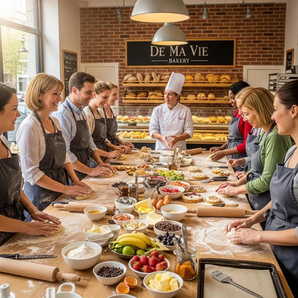 Community members participating in a French baking workshop at De Ma Vie Bakery