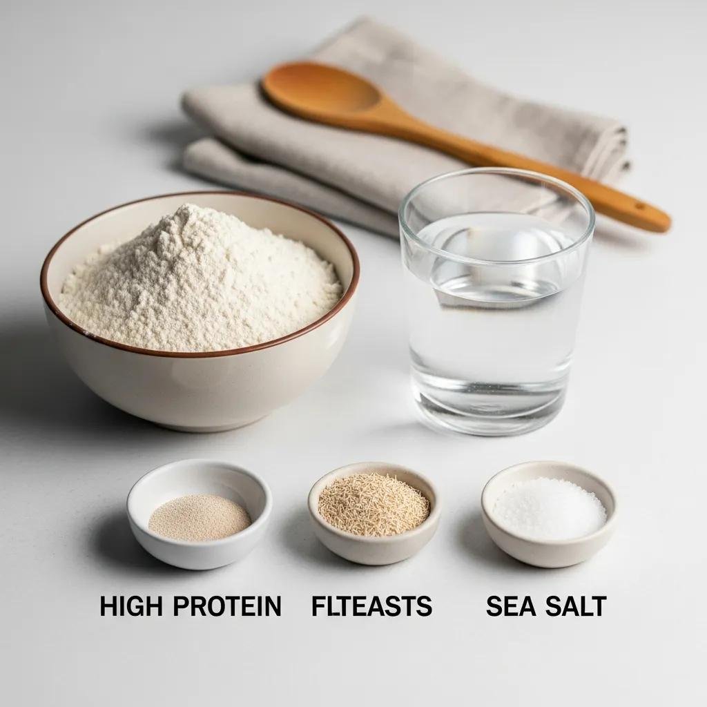 Core ingredients for French baguette: flour, water, yeast, and salt arranged in a cozy kitchen setting