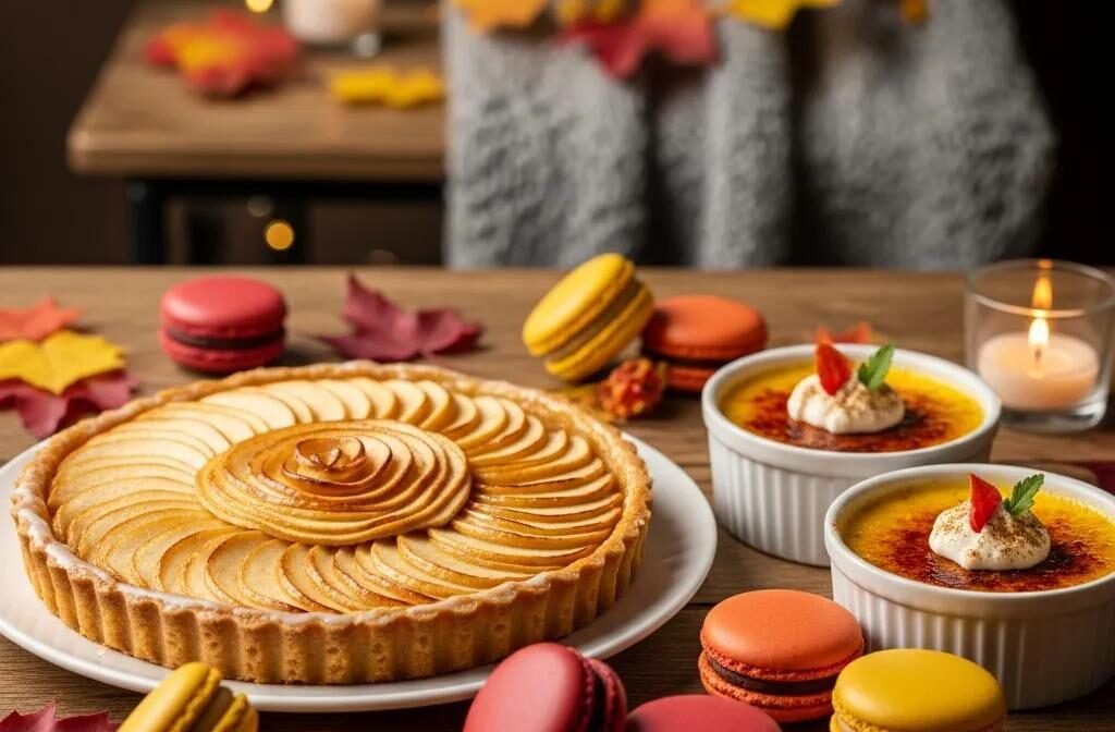 Cozy autumn French pastries including apple tart and pumpkin crème brûlée in a warm setting