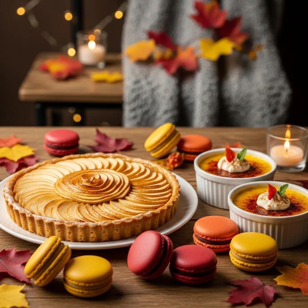 Cozy autumn French pastries including apple tart and pumpkin crème brûlée in a warm setting