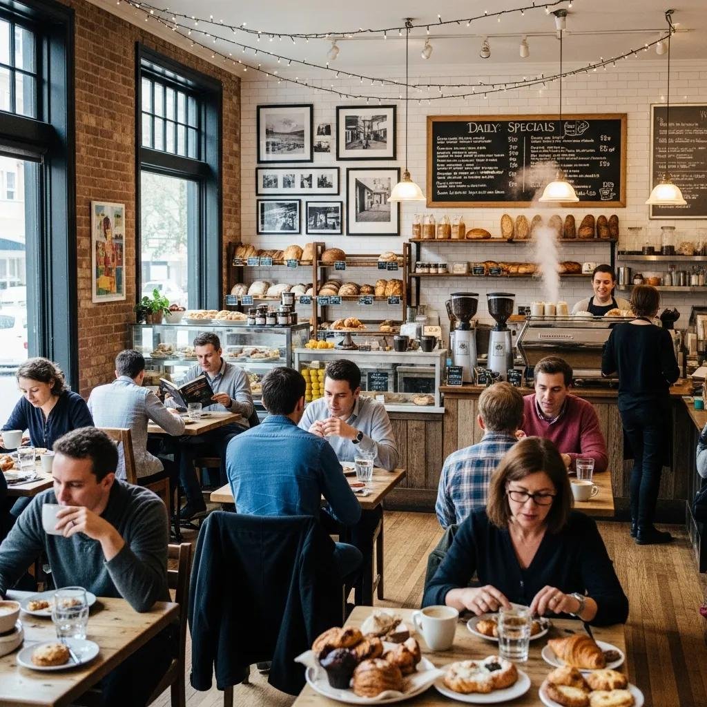 Cozy café atmosphere at De Ma Vie Bakery with patrons enjoying food and drinks