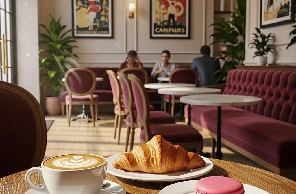 Cozy French coffee shop scene with coffee, croissant, and macaron