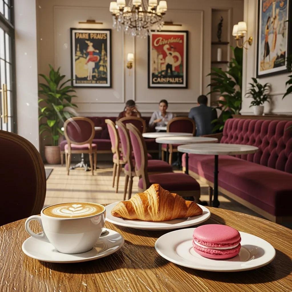 Cozy French coffee shop scene with coffee, croissant, and macaron