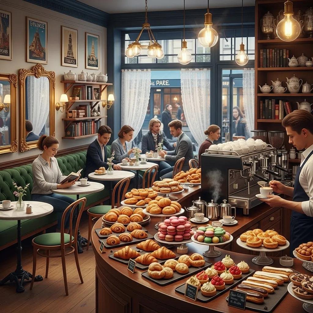 Cozy interior of a French café with customers enjoying pastries and coffee in a warm atmosphere
