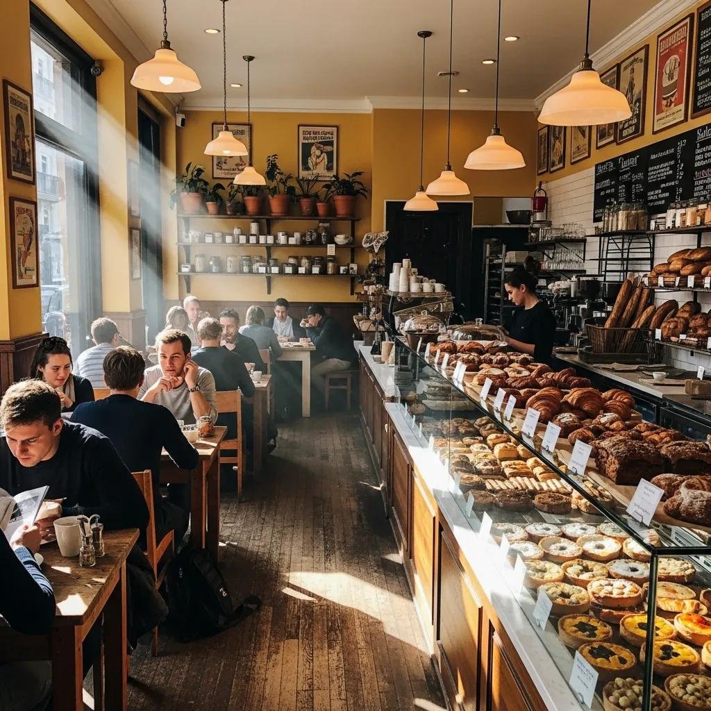 Cozy interior of De Ma Vie Bakery with customers enjoying pastries