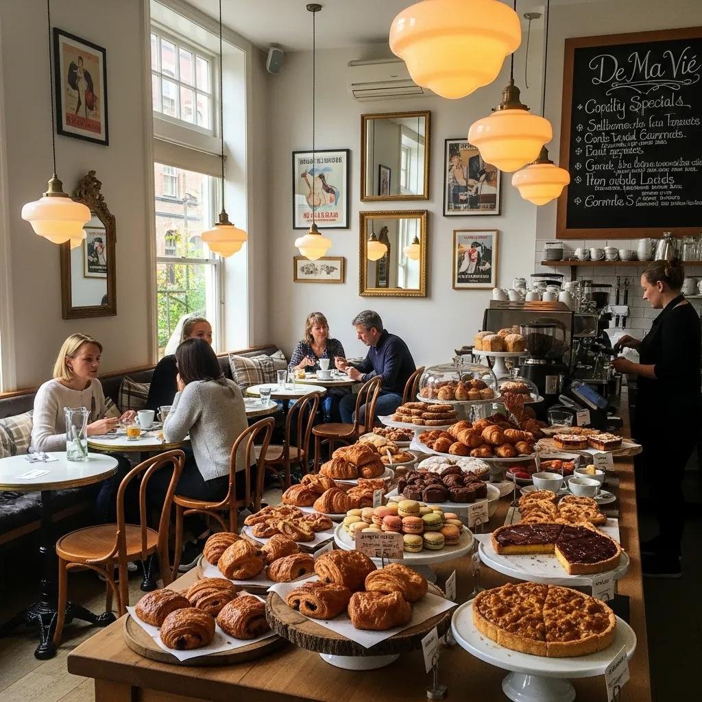 Cozy interior of De Ma Vie Bakery with customers enjoying pastries and coffee