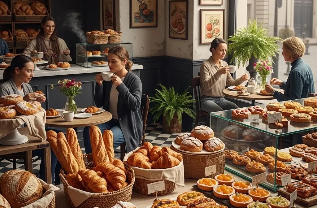 Cozy interior of De Ma Vie Bakery with customers enjoying pastries and warm decor