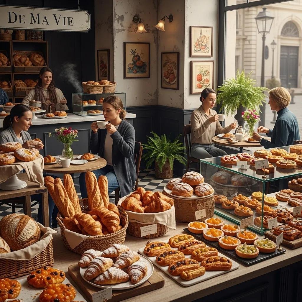 Cozy interior of De Ma Vie Bakery with customers enjoying pastries and warm decor