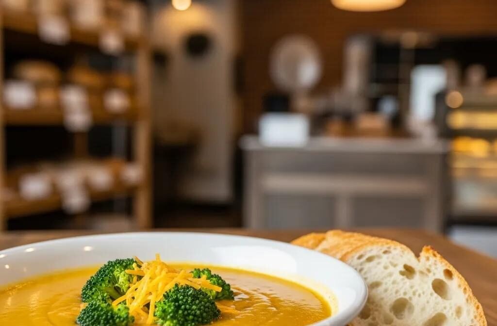 Creamy broccoli cheddar soup in a rustic bowl with fresh broccoli and cheddar, accompanied by crusty French bread