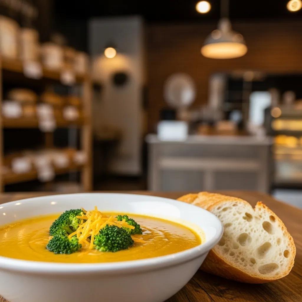 Creamy broccoli cheddar soup in a rustic bowl with fresh broccoli and cheddar, accompanied by crusty French bread