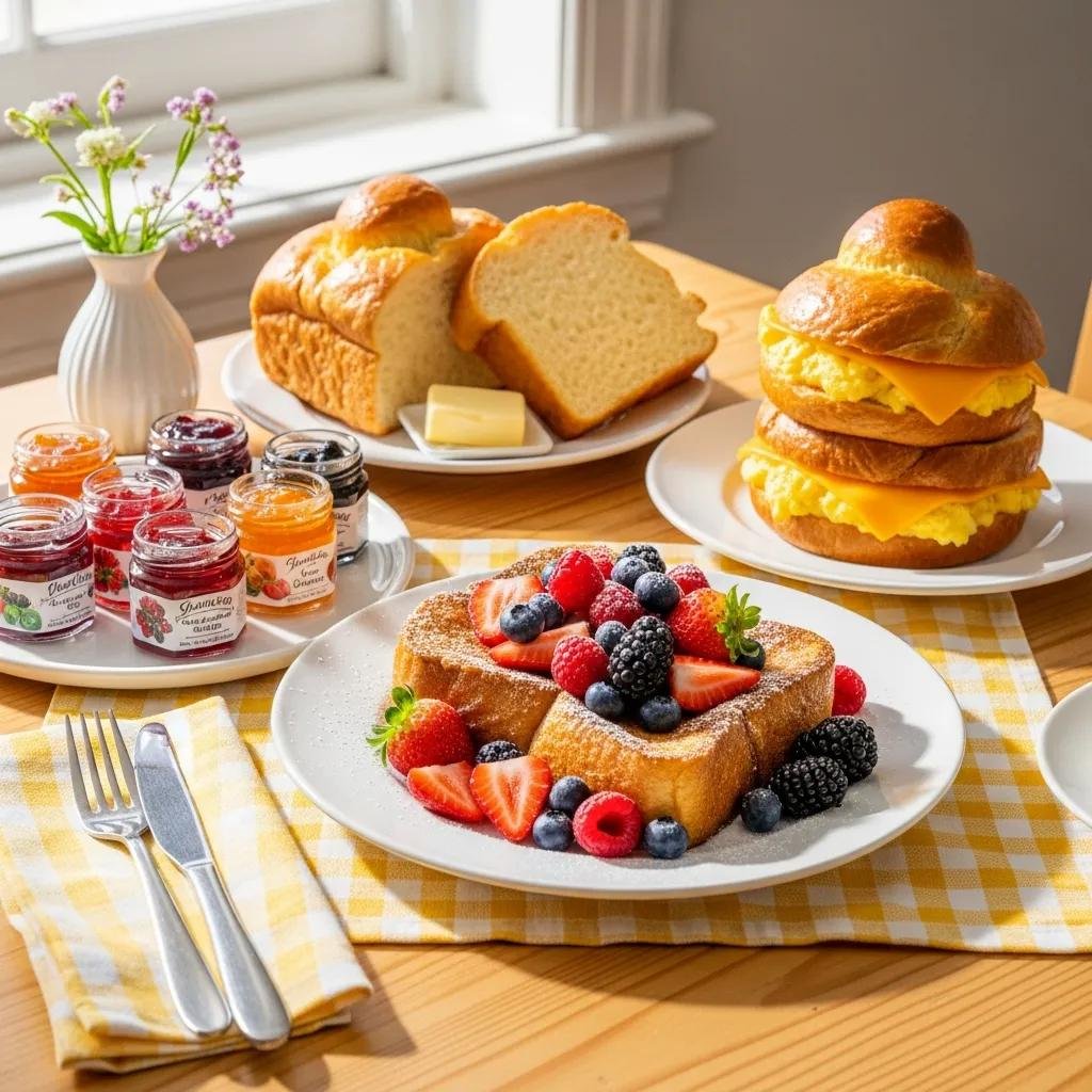 Creative breakfast serving suggestions for brioche, including French toast and a breakfast sandwich, presented on a colorful table