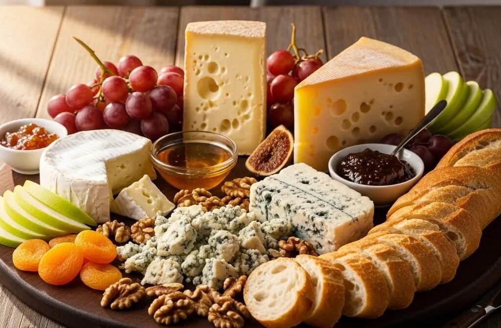 Curated French cheese tasting board with Brie, Comté, Roquefort, fruits, and baguette