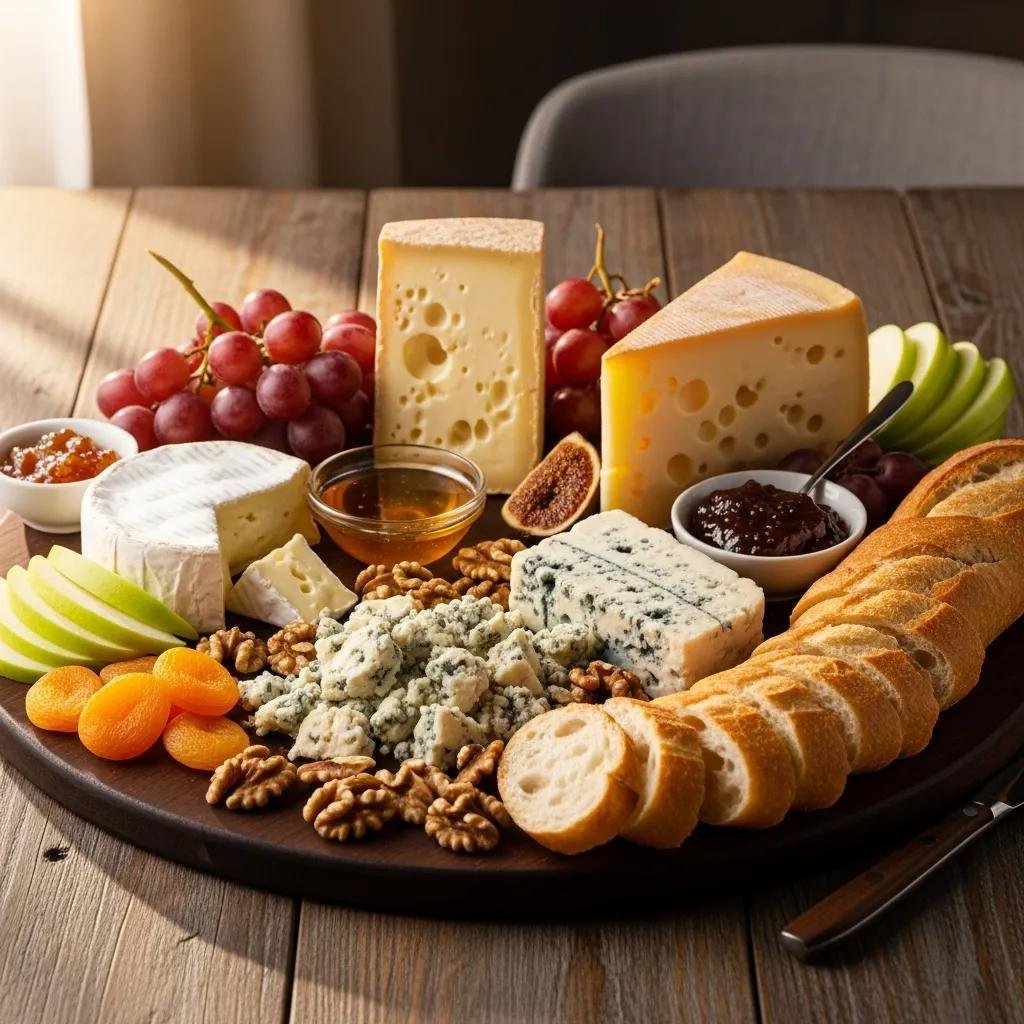 Curated French cheese tasting board with Brie, Comté, Roquefort, fruits, and baguette