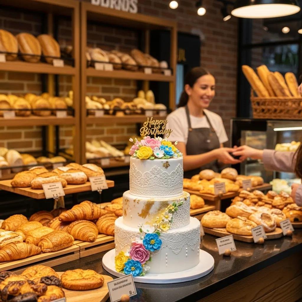 Custom decorated cake displayed in a bakery with other baked goods in the background