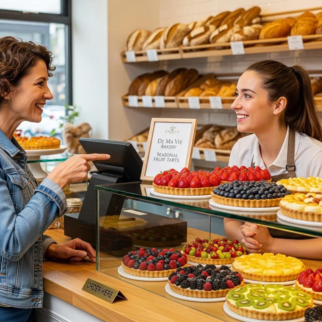 Customer ordering seasonal fruit desserts at De Ma Vie Bakery