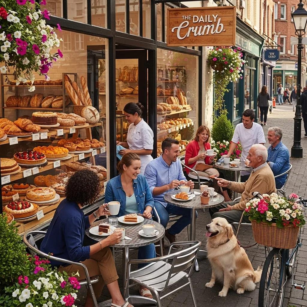 Customers enjoying pastries and coffee at a local bakery with a welcoming atmosphere