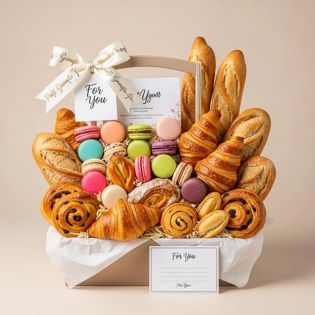 Customizable French pastry gift basket featuring macarons and croissants, showcasing personalization options