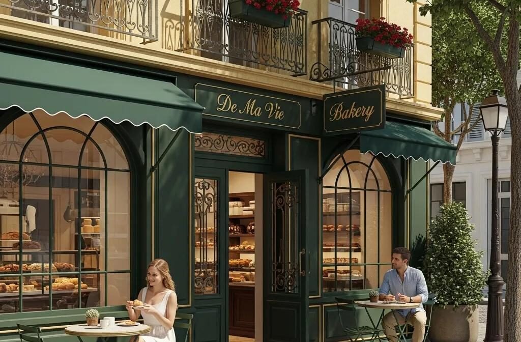De Ma Vie Bakery exterior with people enjoying pastries, highlighting its French charm