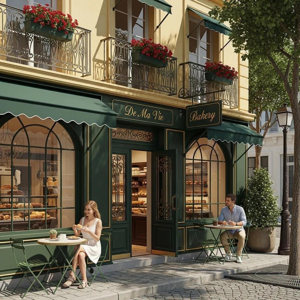 De Ma Vie Bakery exterior with people enjoying pastries, highlighting its French charm