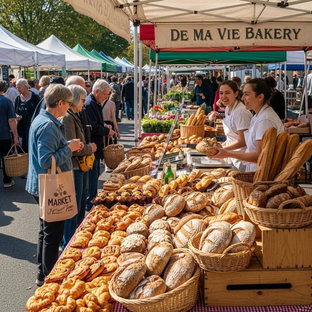 De Ma Vie Bakery stall at the Falls Church Farmers Market with fresh breads and pastries