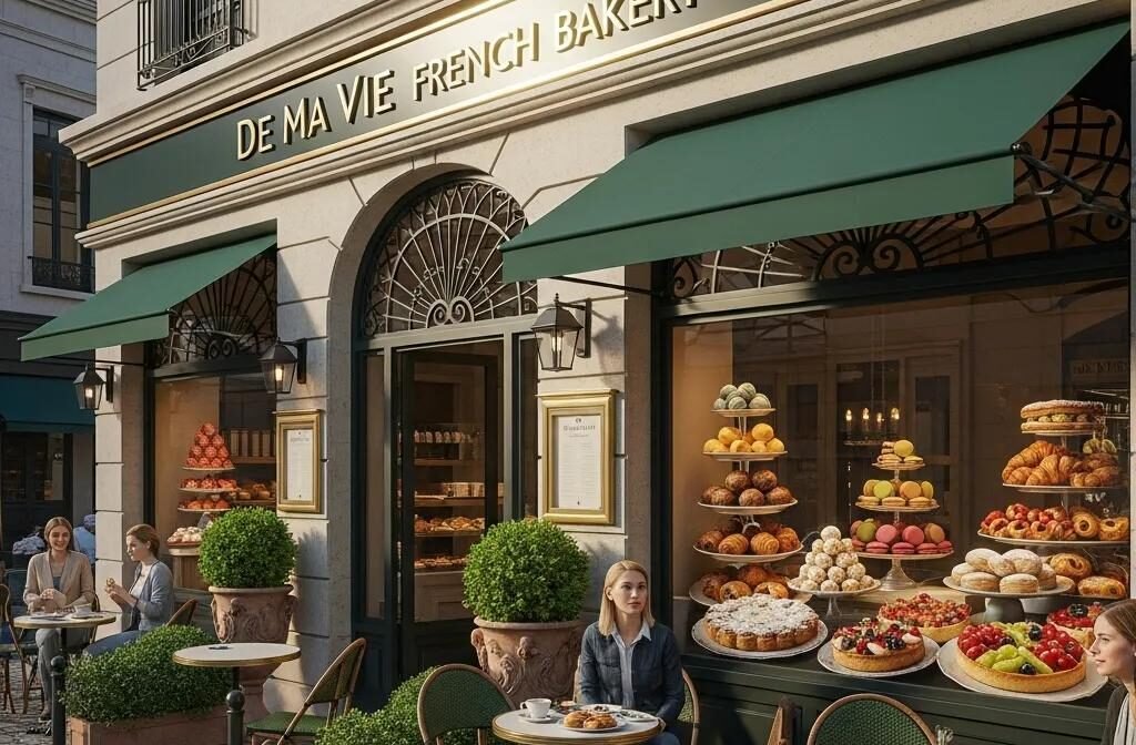 De Ma Vie French Bakery exterior with pastries displayed, inviting atmosphere
