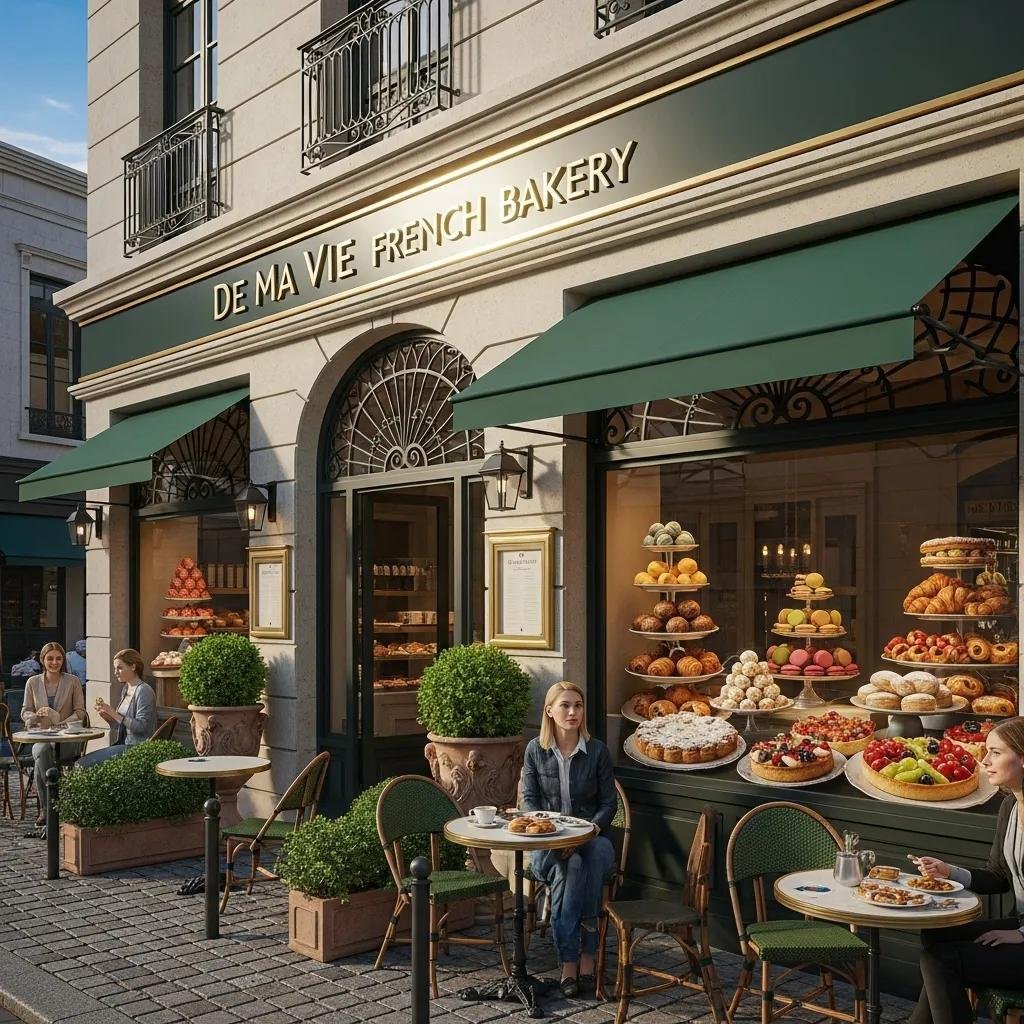 De Ma Vie French Bakery exterior with pastries displayed, inviting atmosphere