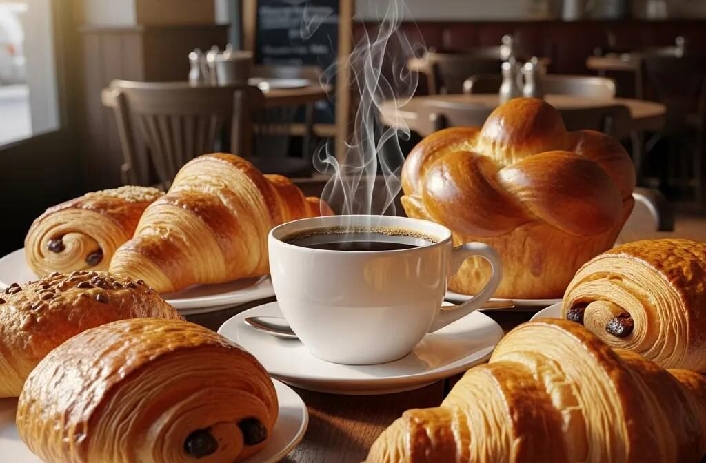 Delicious coffee and French pastries on a cozy breakfast table