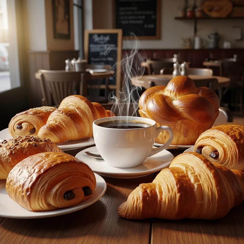 Delicious coffee and French pastries on a cozy breakfast table
