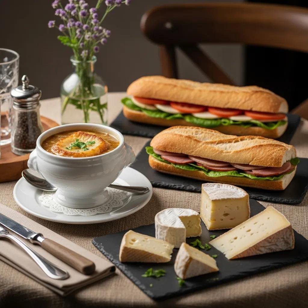 Delicious French café menu items including soup, sandwich, and cheese on a cozy table