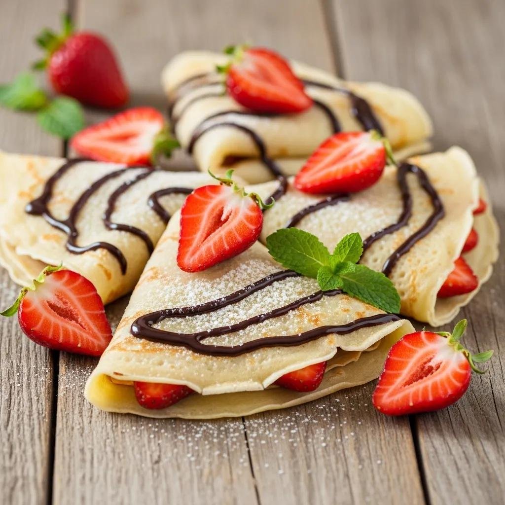 Delicious French crêpes topped with chocolate sauce and fresh strawberries
