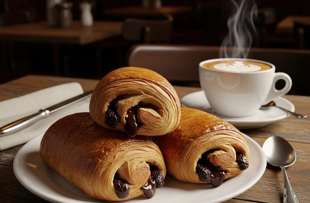Delicious Pain au Chocolat on a rustic table with coffee, representing authentic French pastry culture